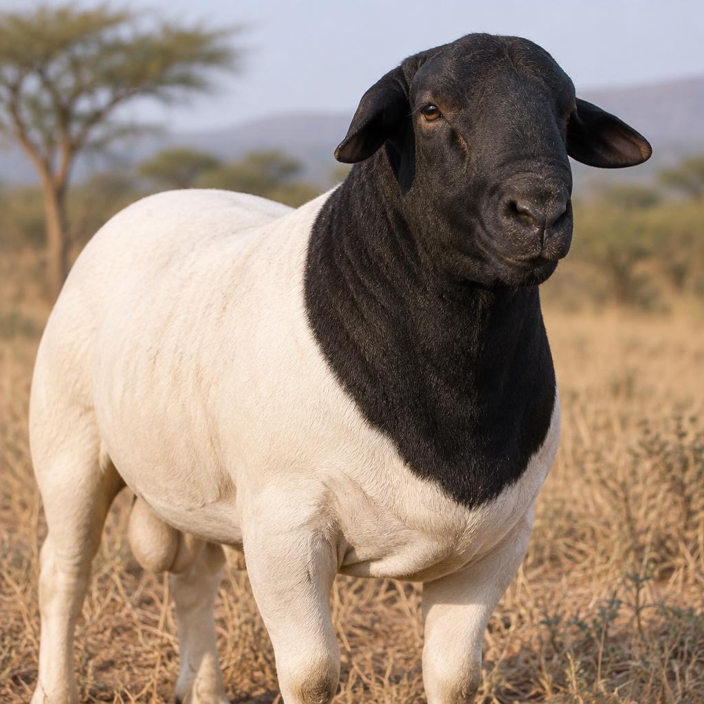 A Dorper ram with black head and white body