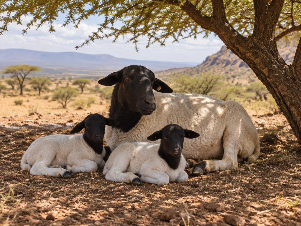 Dorper ewe resting with two lambs under an acacia tree