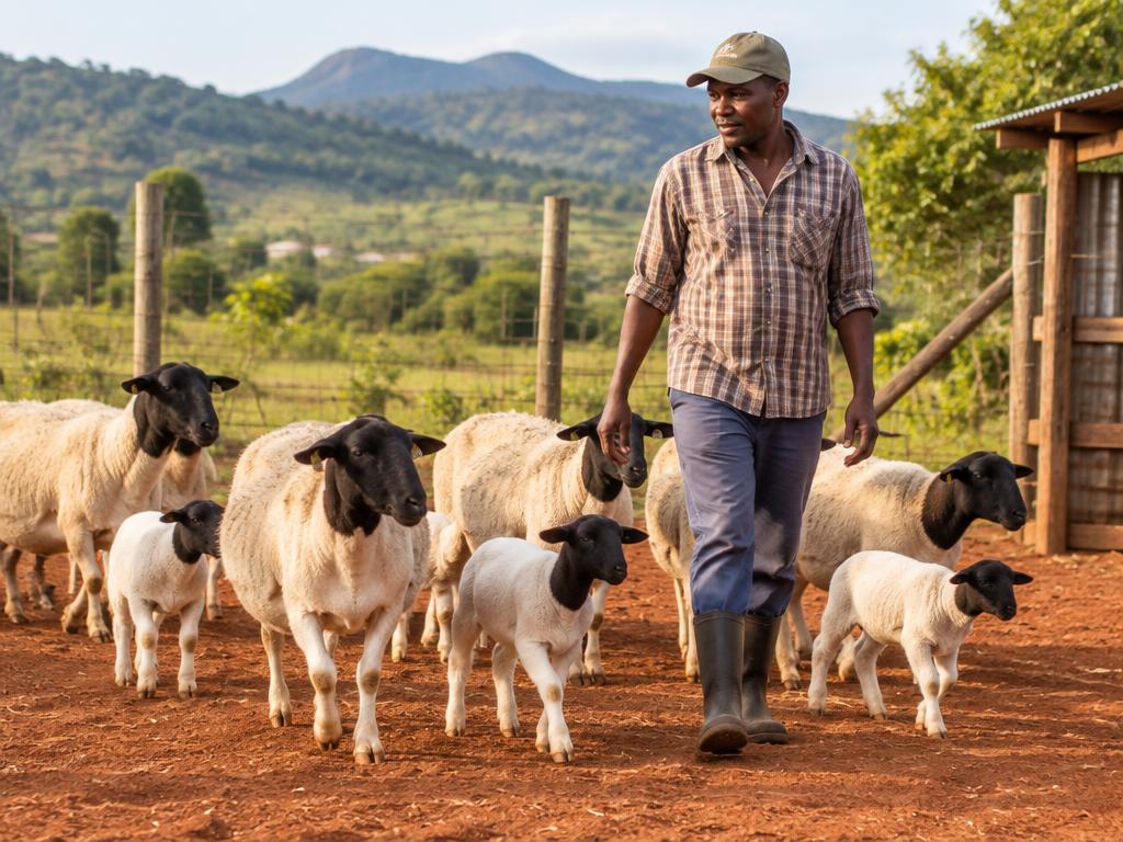 Farmer walking among Dorper sheep and lambs